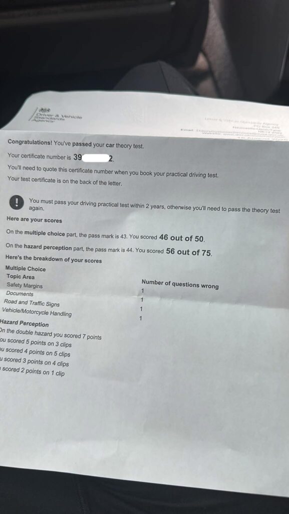 UK Theory Test Certificate